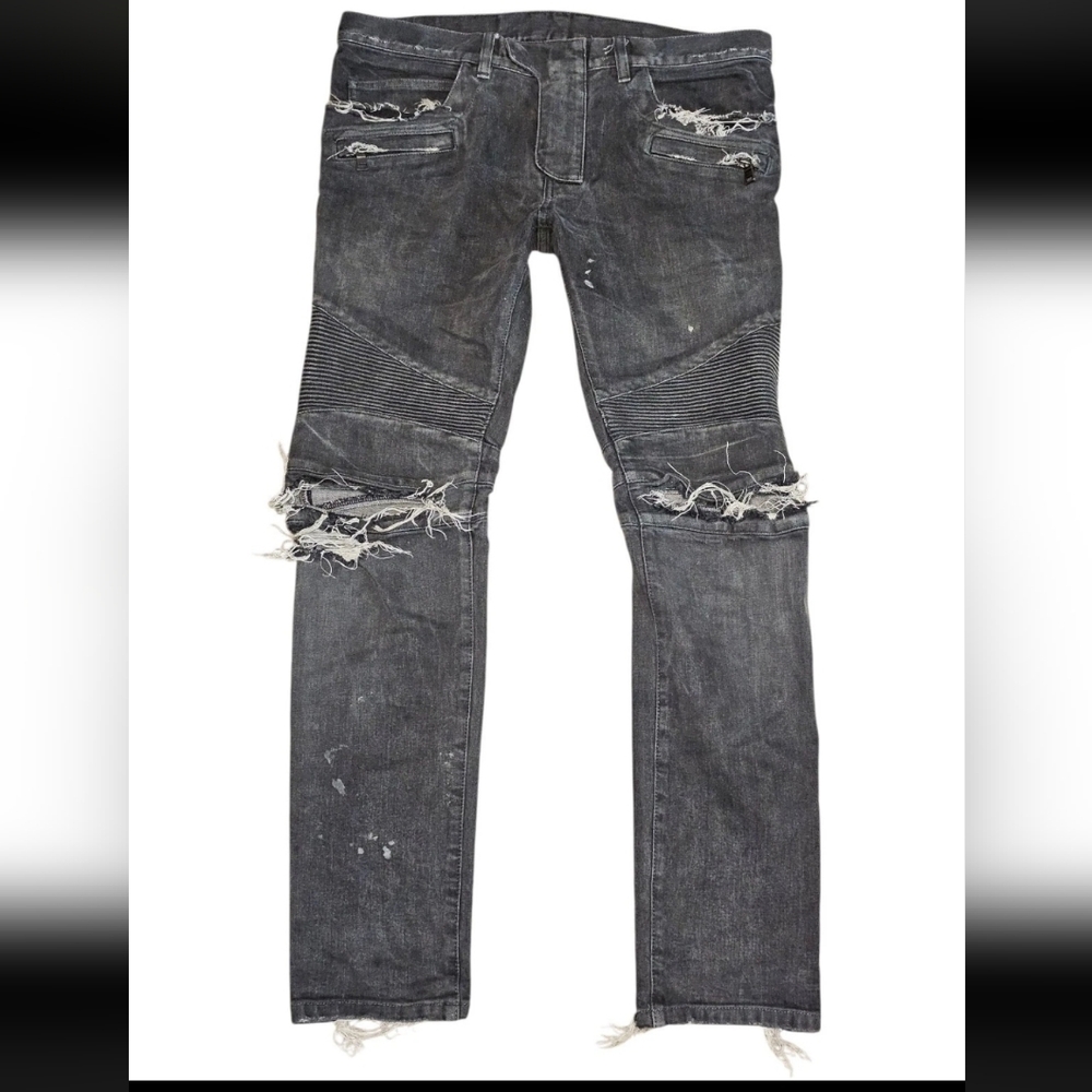 Mens BALMAIN 'Moto Biker' Ribbed Waxed Black Denim Jeans: Size 36x31